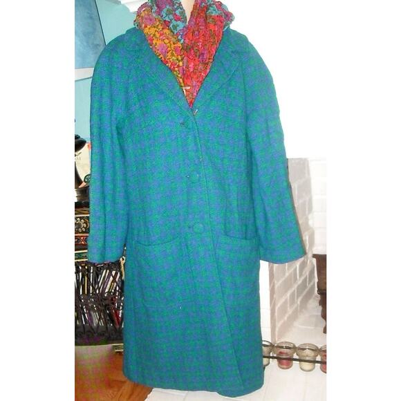 VINTAGE 50'S 60'S TURQUOISE TWEED CHECKERED PATTERN COAT - Picture 4 of 5